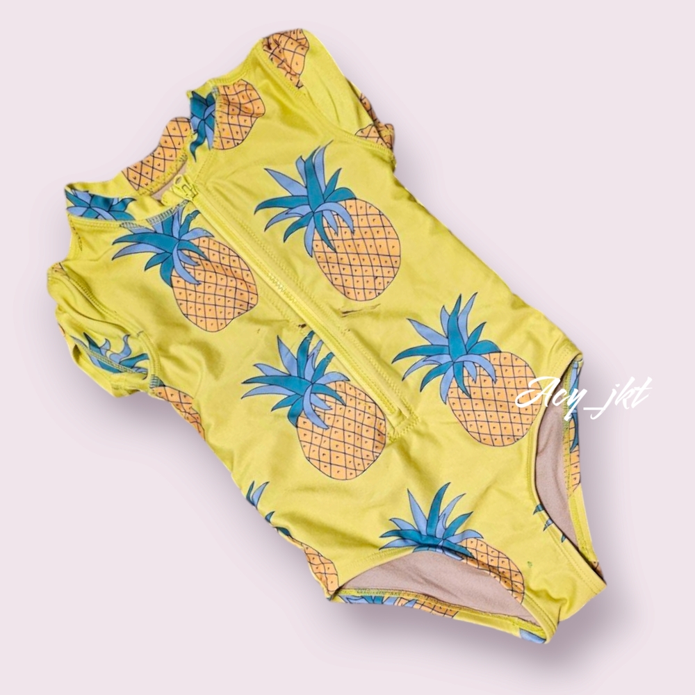 Tea Rash Guard One-Piece Swimsuit Yellow Pineapple Print